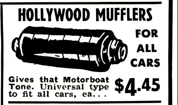 JC Whitney vintage Hollywood Mufflers advertisement featuring a universal muffler design promoting a motorboat tone for all cars priced at $4.45