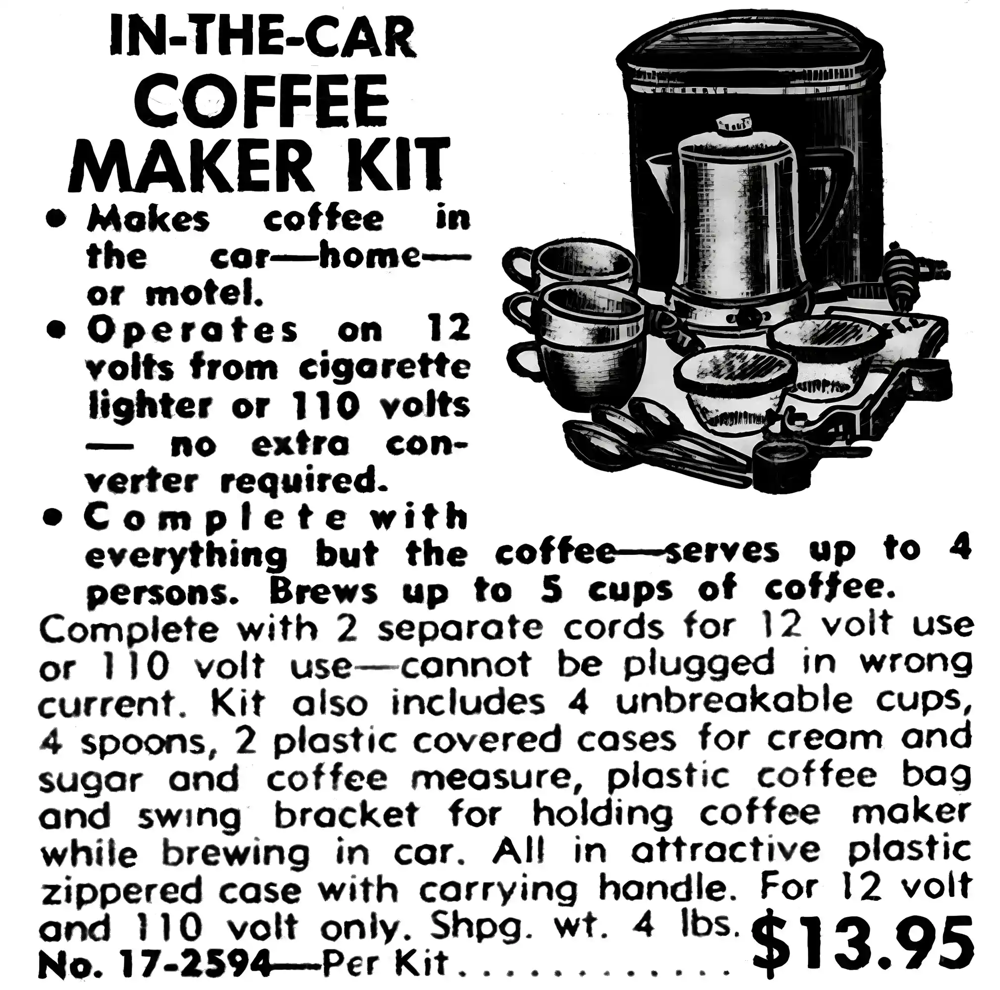 JC Whitney vintage In-the-car coffee maker kit advertisement featuring a portable 12-volt coffee brewer with accessories for $13.95