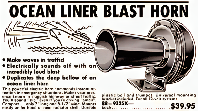 JC Whitney vintage Ocean Liner Blast Horn advertisement featuring a powerful 12-volt horn mimicking an ocean liner for $39.95