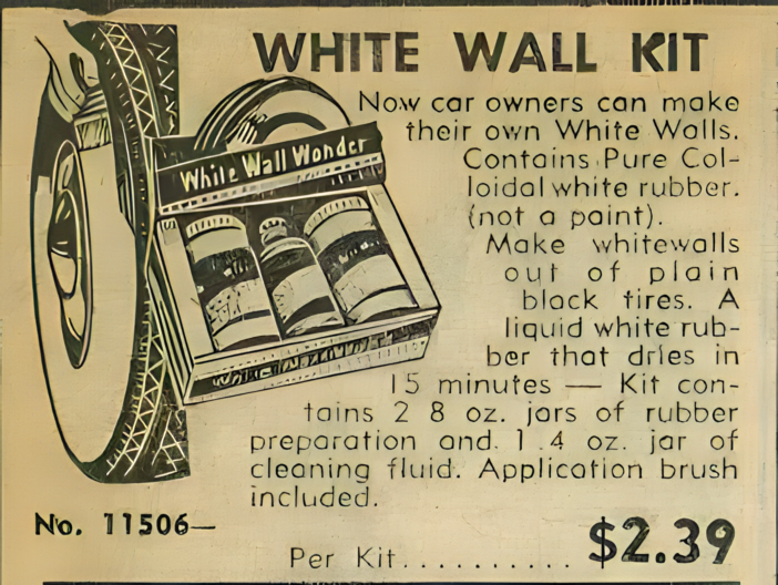 JC Whitney vintage White Wall Kit advertisement featuring a liquid rubber solution to create whitewall tires for $2.39