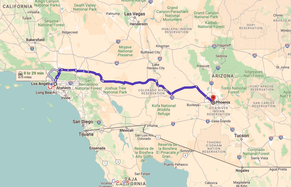 Avoid Highways Map from LA to Phoenix - JC Whitney
