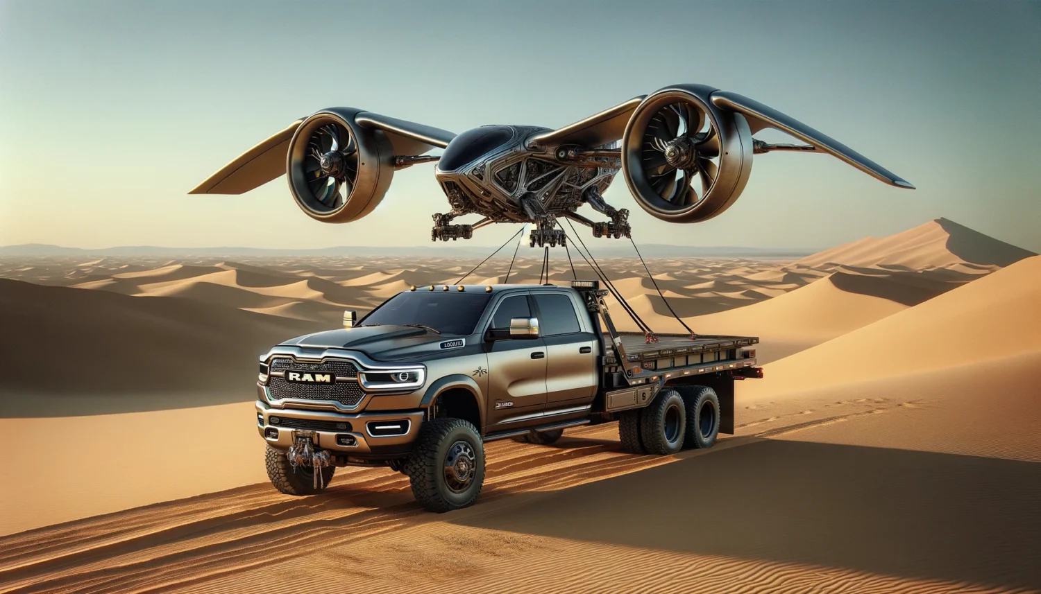 DALLE-2024-02-28-174645-A-2023-Ram-3500-Heavy-Duty-truck-in-a-desert-landscape-towing-an-ornithopter-from-Dune-The-truck-is-detailed-showcasing-its-robust-and-rugged-desig - JC Whitney