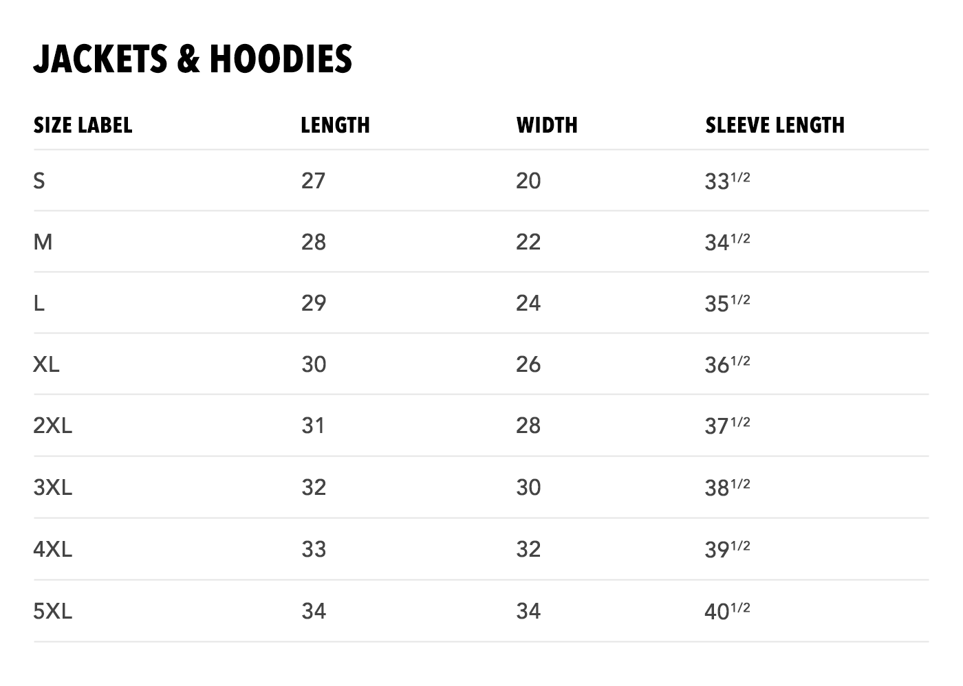 Sizing chart for Jackets and Hoodies