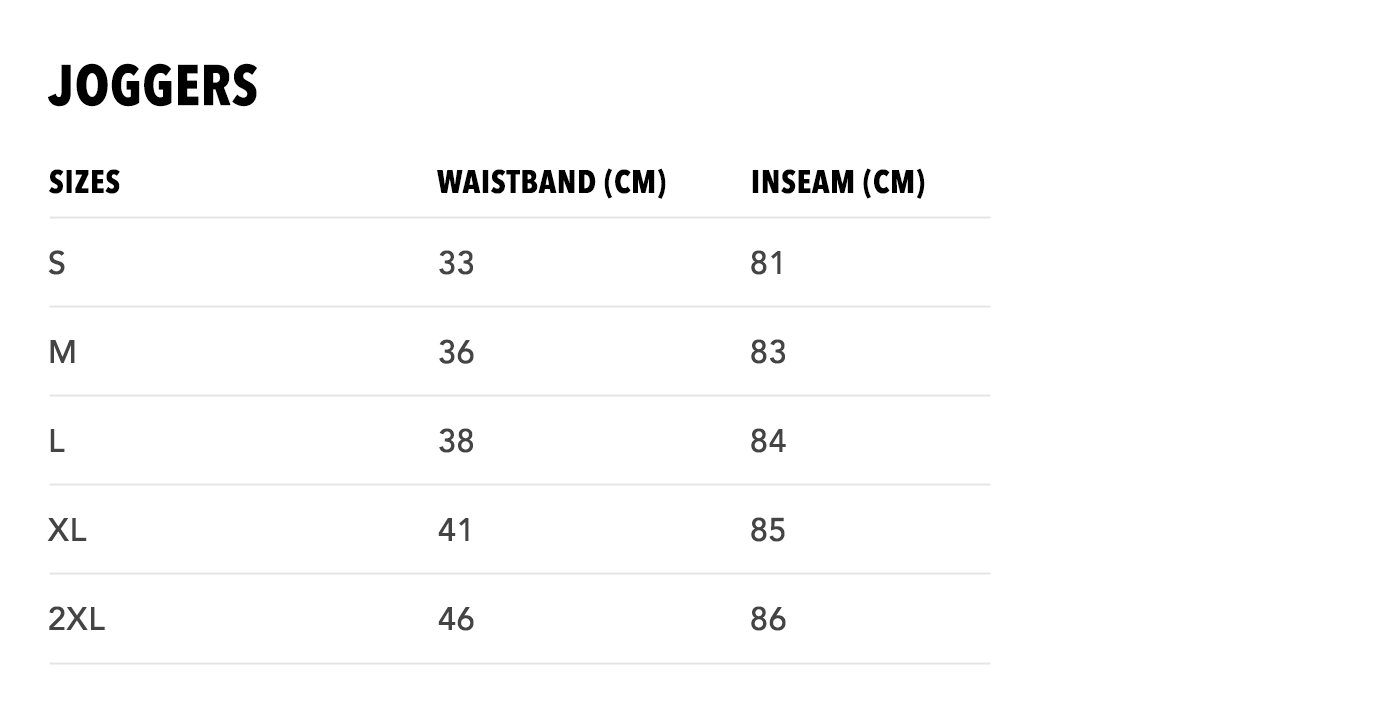 Sizing chart for Joggers