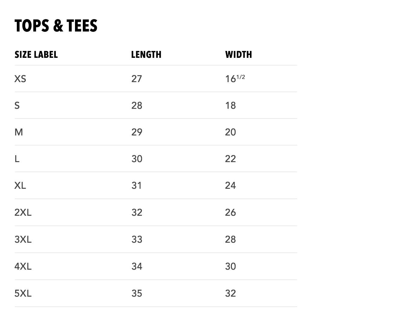 Sizing chart for Tops and Tees