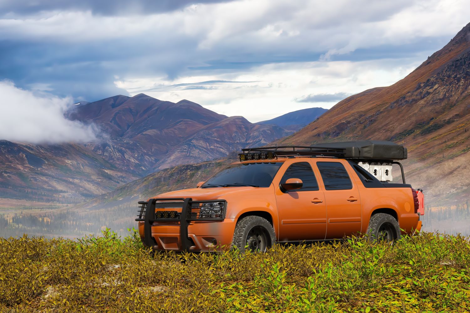orange truck in a camping site